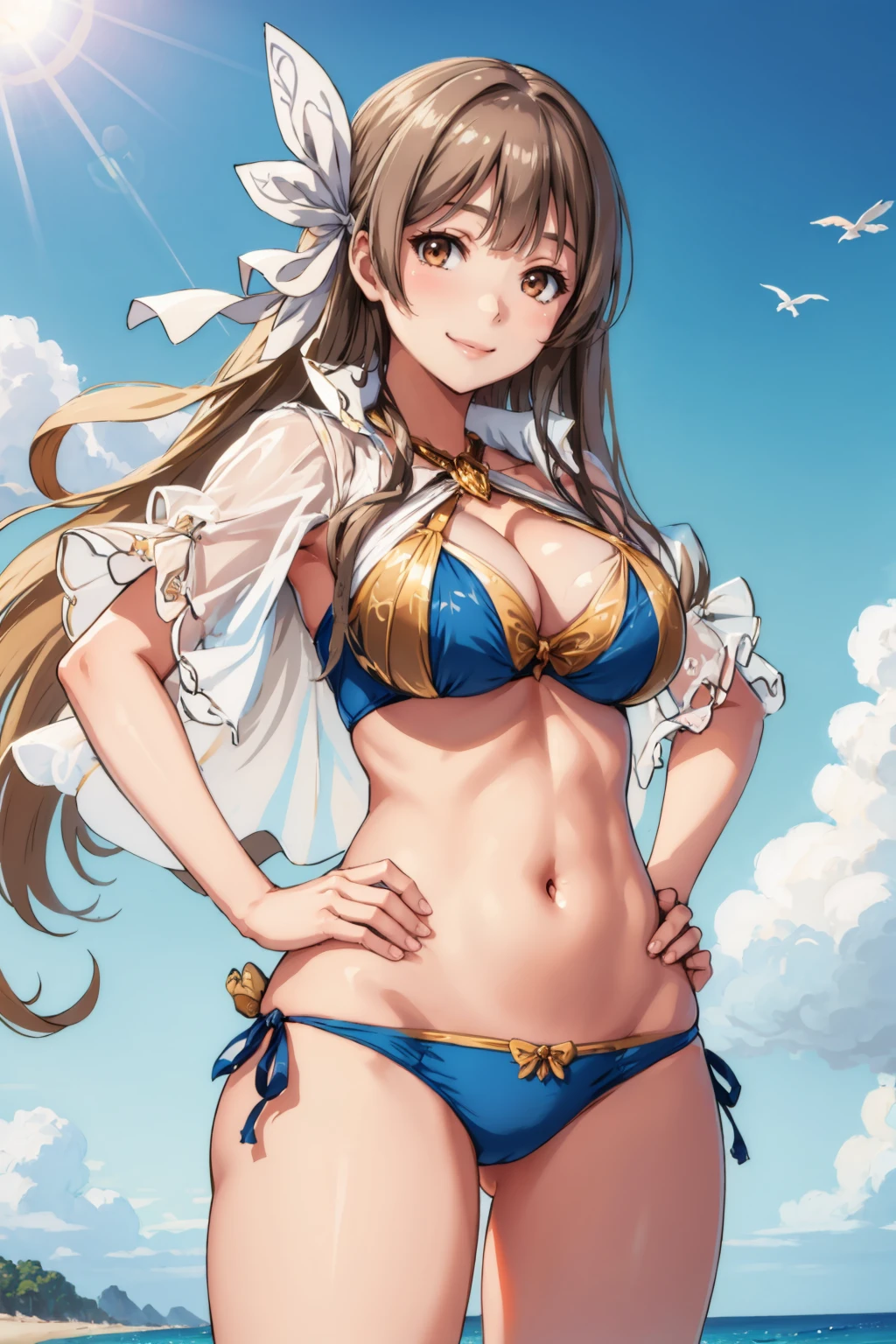 masterpiece, best quality, <lora:aigistram-nvwls-v1-000010:0.8> aigisTram, brown eyes, hair ribbon, large breasts, blue bikini, see-through, beach, sun, looking at viewer, smile, hands to hips