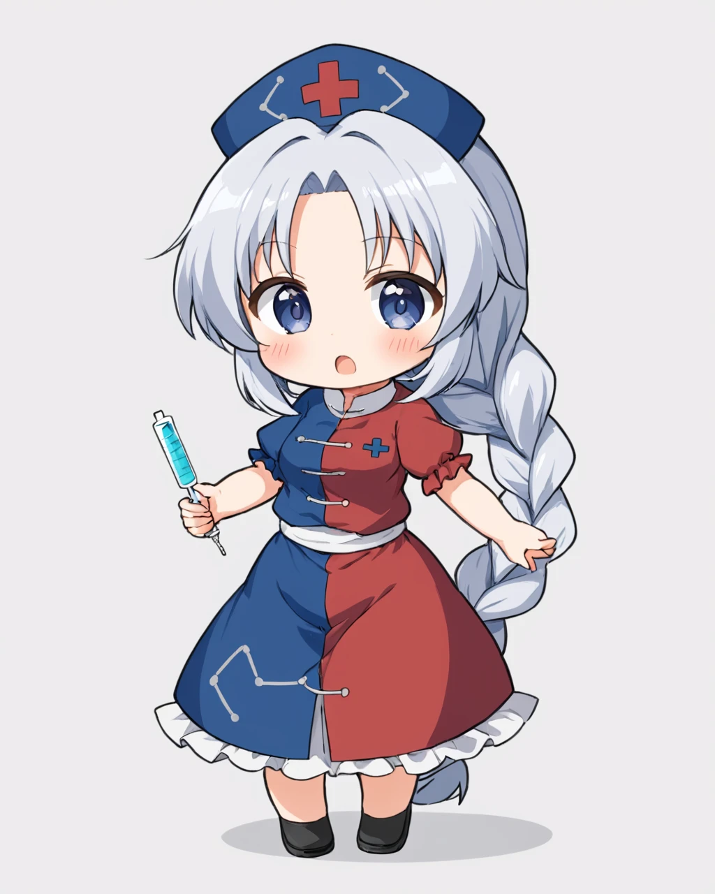 yagokoro eirin,1girl, solo, nurse_cap, chibi, syringe, white_background, red_cross, simple_background, single_braid, red_dress, full_body, looking_at_viewer, holding, open_mouth, blush, standing, blue_dress, short_sleeves, hair_bow, multicolored_dress, black_footwear
<lora:yagokoro_eirin_image2417_2023-12-20-000010:1>,star-shaped_pupils,symbol-shaped_pupils,. gorgeous,key visual, vibrant, studio anime,award-winning, professional, highly detailed,high budget, cinemascope