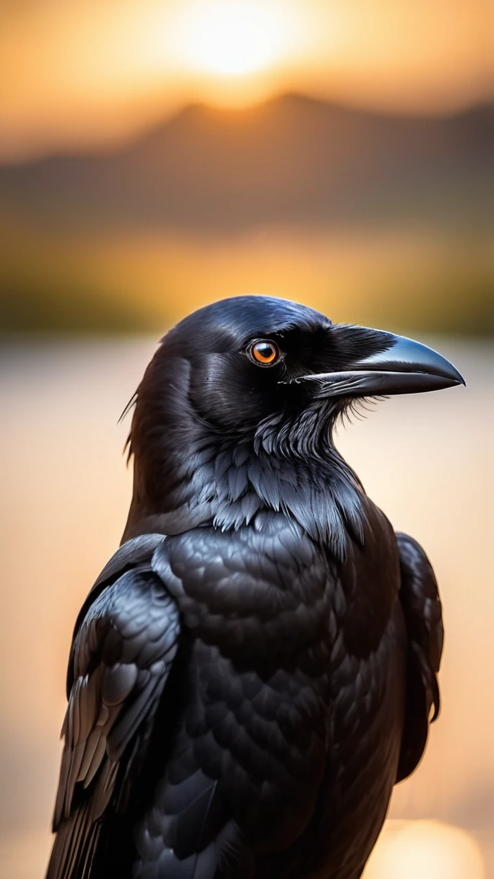 Picture a high-quality, close-up photograph capturing the enigmatic beauty of a crow's head in sharp detail. The crow's wise eyes are the focal point, deep and reflective, mirroring the entire world within their gaze. They hold an almost mystical quality, reflecting a miniature panorama of the surrounding landscape at sunset. The warm, golden hues of the fading sun bathe the scene, accentuating the intricate textures of the crow's feathers and adding a soft, ethereal glow to the image. The crow is looking directly into the camera, its gaze piercing and direct, creating an intense connection with the viewer. In its eyes, the faraway ocean and islands are glimpsed, subtly blurred in the background, enhancing the sense of depth and isolation. This image is framed with a careful balance of zoom and depth of field, ensuring the crowâs face is in sharp focus while the background fades into a dreamy bokeh, emphasizing the profound and solitary figure of the crow against the vastness of the world.