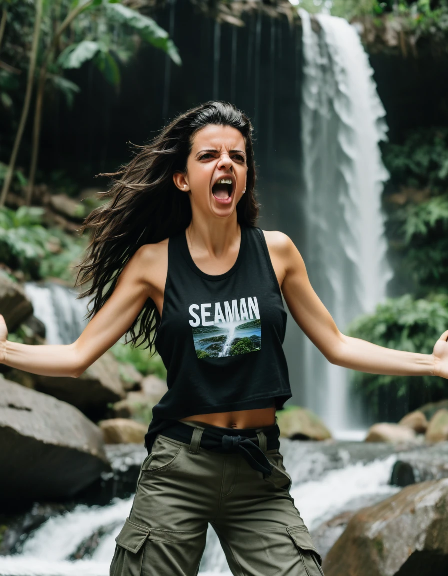an educational photograph from the front with natural lighting, captured by emily stein; it is showcased a honduran, grown-up, and fit ((lindaxl4)), having a black-haired mane and a cute face; wearing a black streetwear tank top and cargo pants; screaming with her mouth wide open amidst a waterfall oasis.
