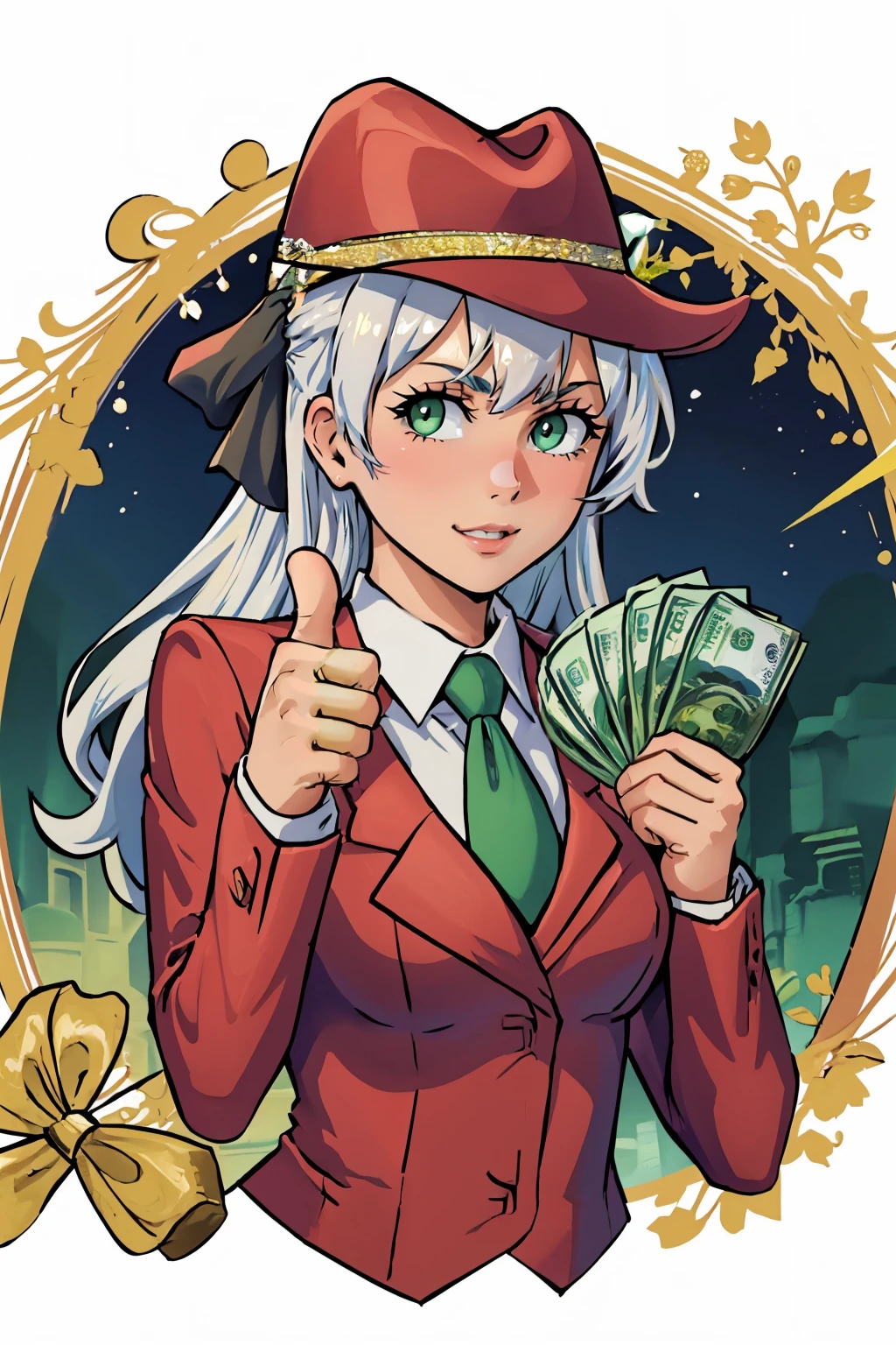 (masterpiece, best quality:1.2), <lora:gangstersb:.85>, gangstersb, 1girl, solo, looking at viewer, upper body, money, holding, holding money, thumbs up, hat, suit, jewelry, necktie, <lora:elie-nvwls-v2-zero:0.85> elie macdowell, green eyes, hairband, hair ribbon