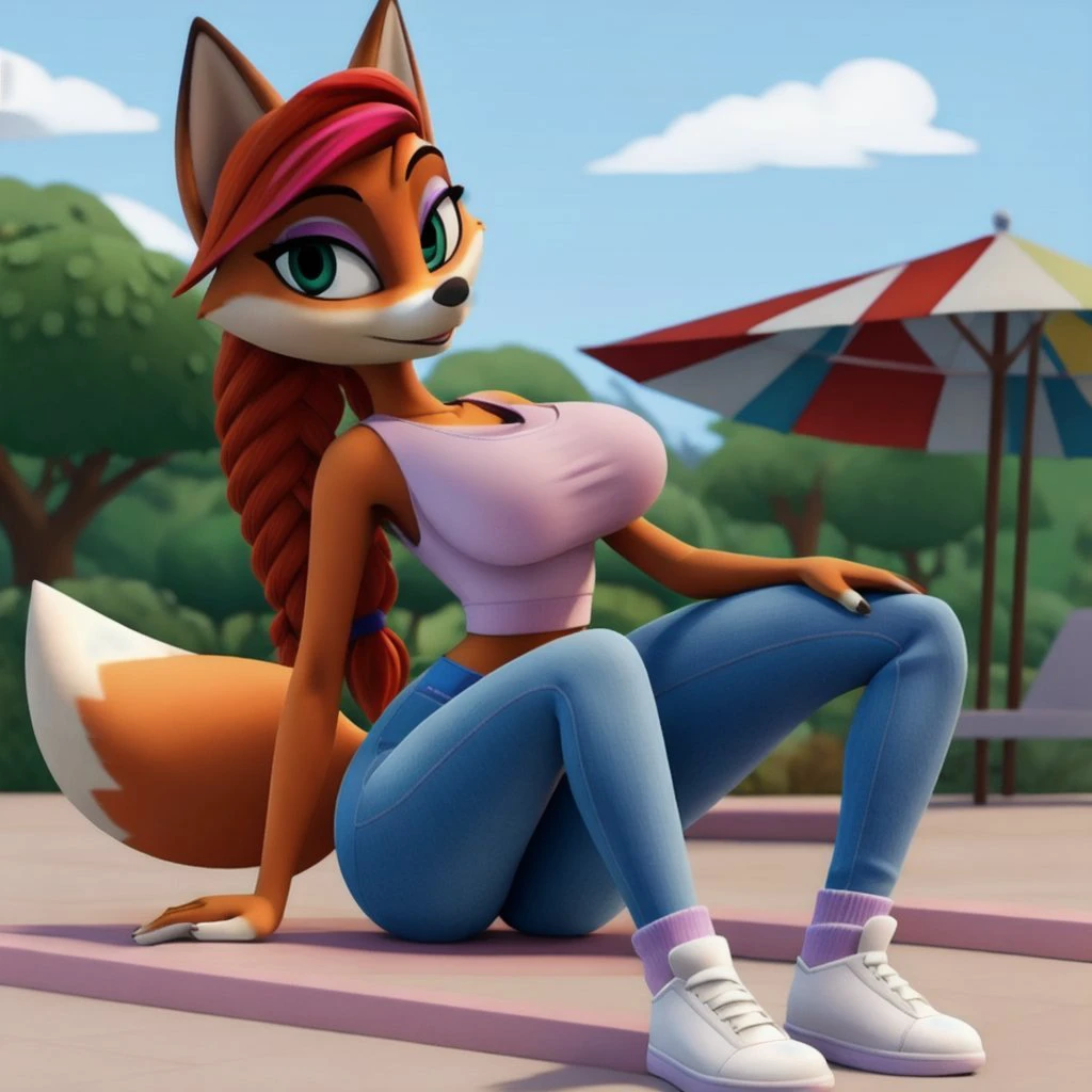 <lora:NewNuPogodi_Fox:0.7>
newnupogodi_fox, fox, 1girl, solo, masterpiece, looking at viewer, tank top, jeans, white female shoes, big breasts