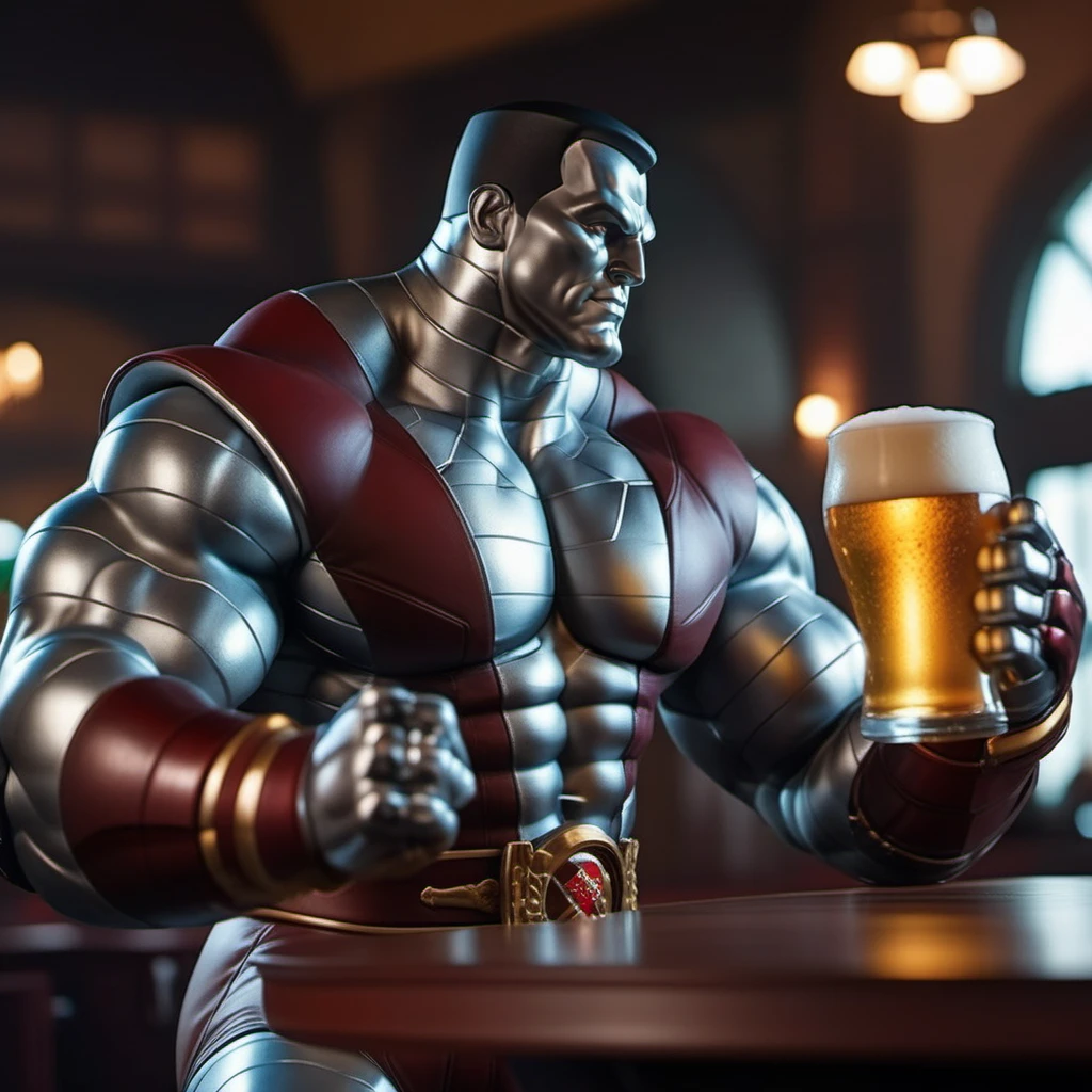 Colossus1024, a muscular metalic man drinking a beer in a pub, highly detailed, photography, ultra sharp, film, bokeh, professional, 64k <lora:Colossus1024:0.8>