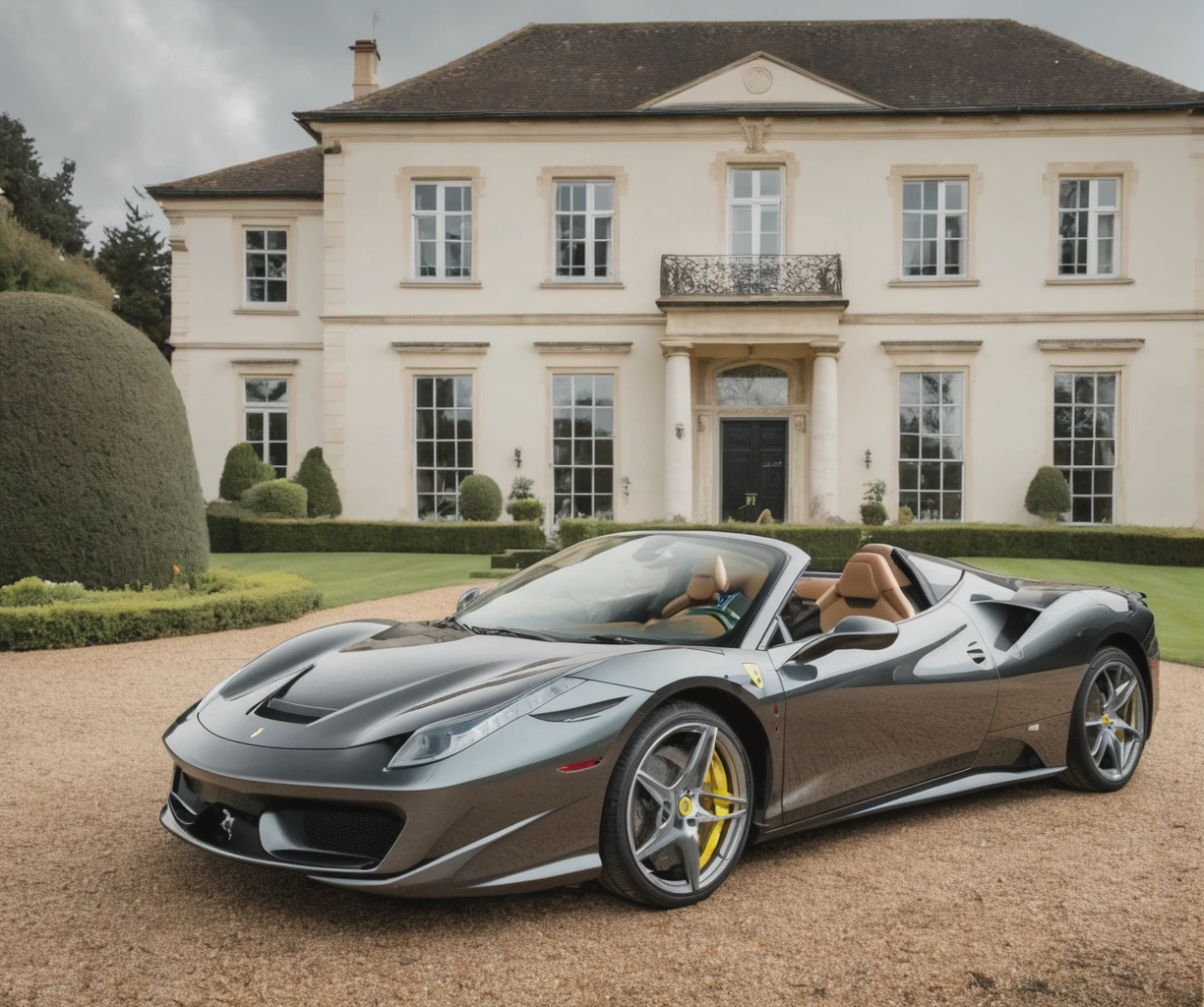 Car Photography Professional Photography,  A ferrari sitting in front of a mansion, tinted windows, monochrome chameleon paint job,