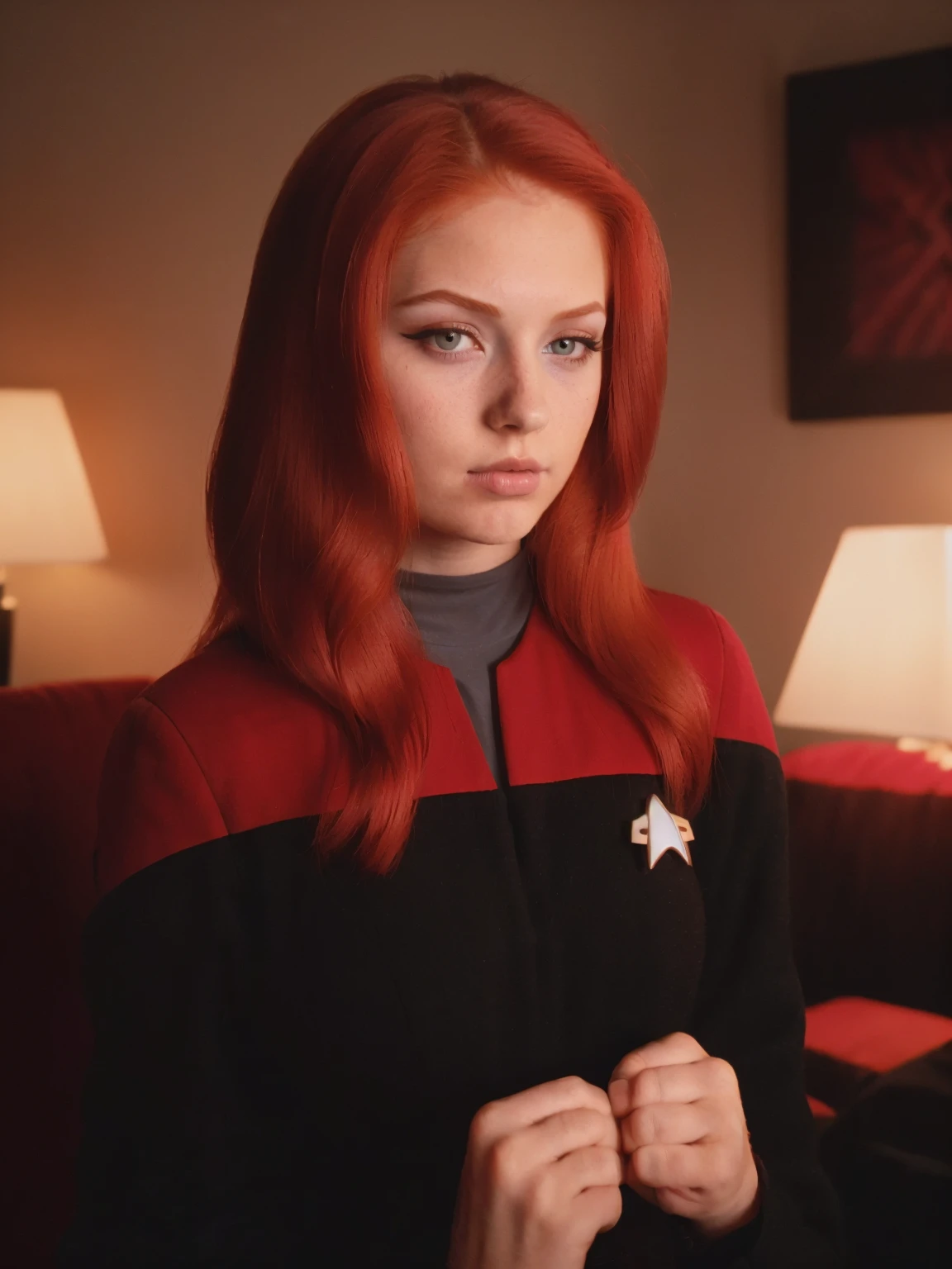 raw photo, (18yo redhead girl:1.2), makeup, graphic eyeliner, rouge, realistic skin texture, voyunf red and black uniform, softcore, warm lighting, cosy atmosphere, instagram style<lora:VoyuniformUltimate-000212:0.8>
