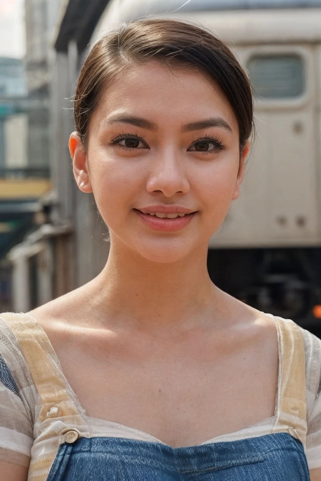 solo, realistic, (1girl), (asian) (woman), white skin, milky skin, (((Black Shag Haircut Hairstyle))), (((Flirty, A playful smile, arched eyebrows, and a slightly tilted head.))), ((((Striped_tee:1.5),(Denim_overalls:1.4),(White_sneakers:1.3),(Urban_park_background:1.3)))), (((Capture the bustling energy of Busan Station, with its busy train platforms, the architectural charm of the building, and the vibrant atmosphere of the surrounding area.))), (((dynamic pose:1.5))), <lora:ReaLora:.4> detailed skin, <lora:PHA_-_Robb_Guinto:1> robbguinto<lora:PAseer-SD15-LCM Quick:1.0><lora:PAseer-SD15-LCM Quick:1.0>
