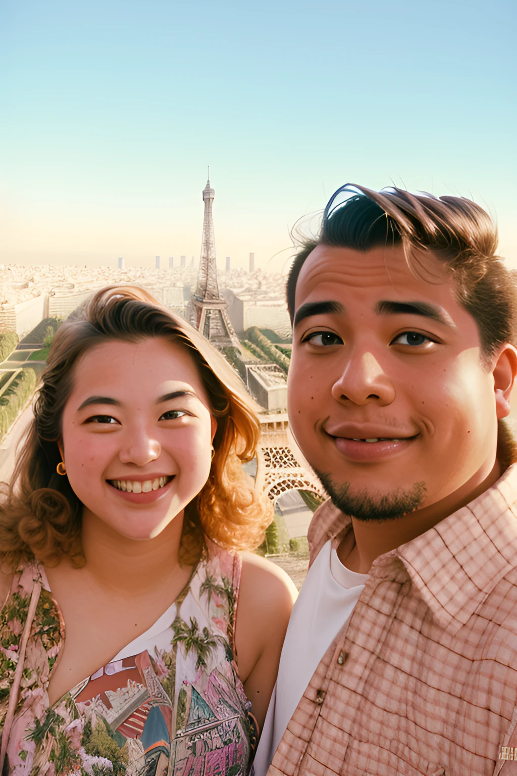 intricatedetails, absurd res, two nerds posing in front of the eiffel tower in 1993,  90's clothes, big hair, Rim lighting, RAW photo, fujifilm, film grain, shiny skin, face details, masterpiece