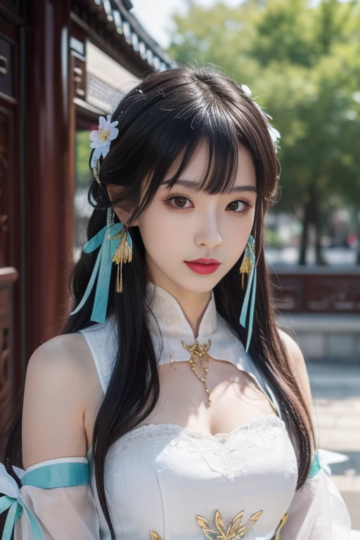 ltra-detailed,highly detailed,best quality,masterpiece,illustration,realistic,photorealistic,
suwen, 1girl, solo, cosplay,
hanfu,chinese clothes, necklace, bare shoulders, detached sleeves, long sleeves, detached collar,
hair ornament, hair ribbon, hair flower, jewelry,
long hair, brown hair, bangs,
looking at viewer,
photo background,east asian architecture,
<lora:suwen_06:0.6>