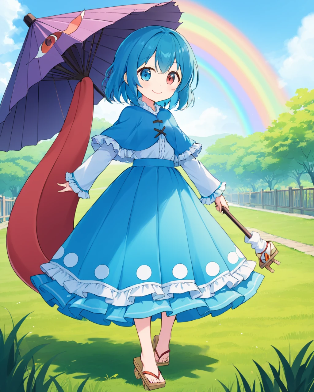 tatara kogasa,1girl, blue_capelet, heterochromia, geta, solo, frilled_capelet, blue_skirt, full_body, karakasa_obake, long_sleeves, outdoors, holding_umbrella, looking_at_viewer, purple_umbrella, smile, white_shirt, rainbow, closed_mouth, frilled_sleeves, sky, twitter_username, standing, day, from_side, tongue_out, grass
<lora:tatara_kogasa_image6022_2023-12-20-000007:1>,star-shaped_pupils,symbol-shaped_pupils,. gorgeous,key visual, vibrant, studio anime,award-winning, professional, highly detailed,high budget, cinemascope