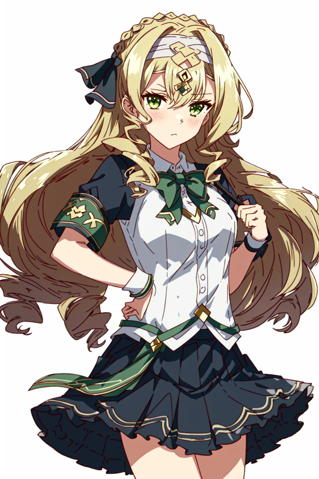 lidica_\(epic_seven\), looking at viewer, facing viewer, expressionless, standing,
white shirt, black skirt, pleated skirt, school uniform, armband, bowtie,
simple background, white background, alternate costume,
cowboy shot,
<lora:lidica_lora:1>