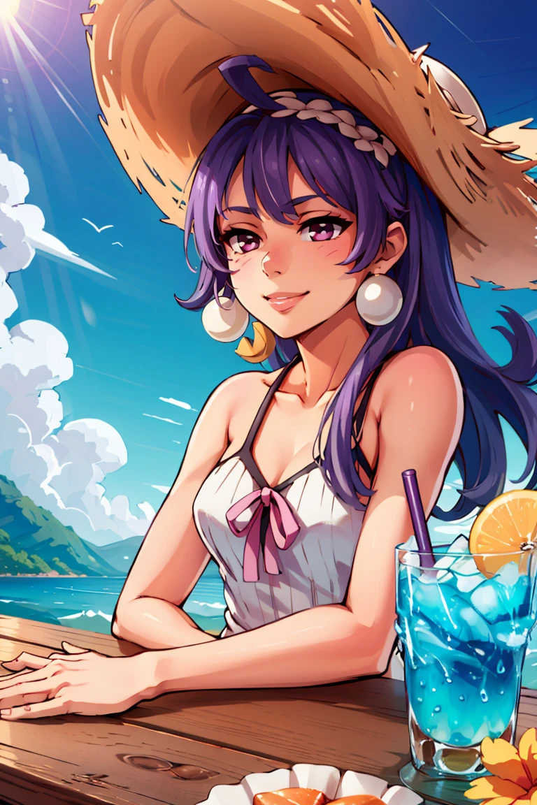 score_9, score_8_up, score_7_up, score_6_up, source_anime, looking at viewer, ((love live!, 1girl, tojo nozomi, blue eyes, large breasts, long hair, low twintails, purple hair, twintails)) (Lounging on a hammock, holding a cold drink, and basking in the sun), (amaranth deep purple racing suit), (Majestic mountains with a clear blue sky), smile, happy,  <lora:LLChar_Pony:0.8> love live!