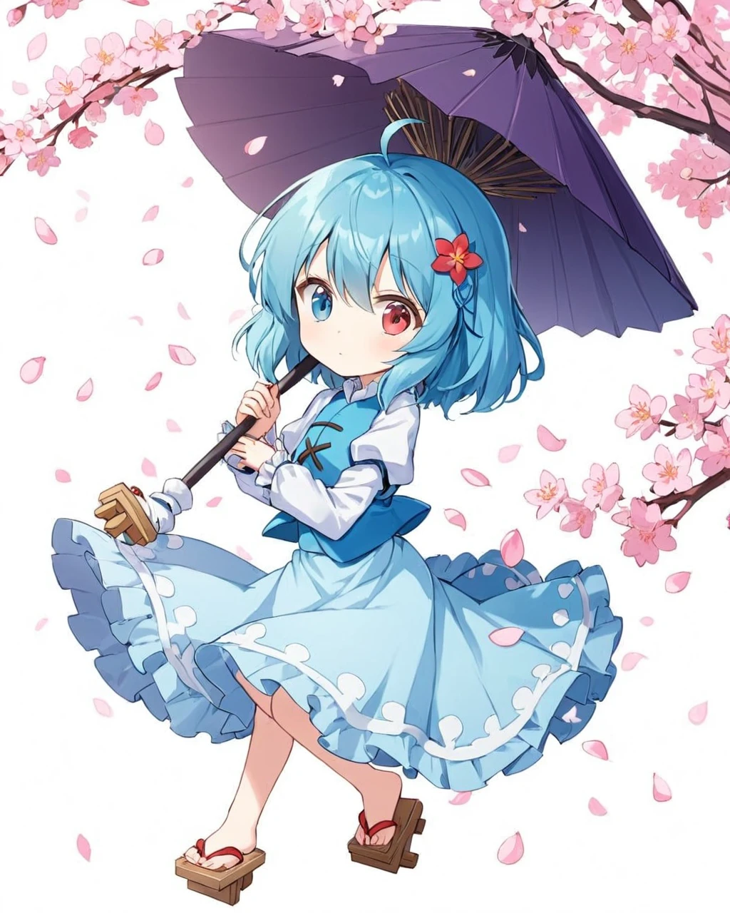 tatara kogasa,1girl, solo, heterochromia, cherry_blossoms, blue_vest, full_body, geta, white_shirt, blue_skirt, petals, holding_umbrella, juliet_sleeves, frills, looking_at_viewer, hair_flower, white_background, simple_background, closed_mouth, ahoge, karakasa_obake
<lora:tatara_kogasa_image6022_2023-12-20-000007:1>,star-shaped_pupils,symbol-shaped_pupils,. gorgeous,key visual, vibrant, studio anime,award-winning, professional, highly detailed,high budget, cinemascope