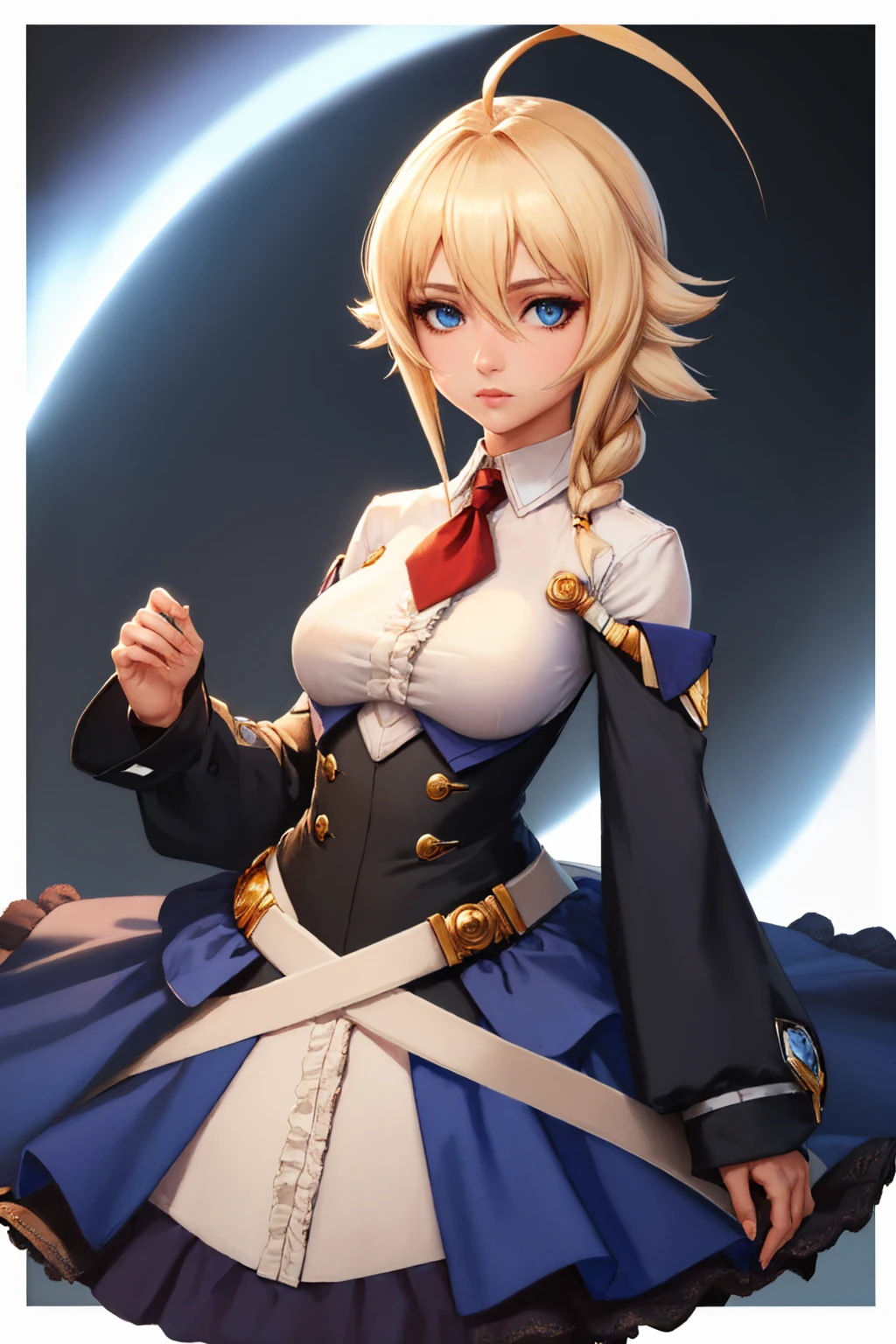 (masterpiece, best quality:1.2), solo, 1girl, blazbluees, expressionless, looking at viewer, huge ahoge, single braid, dress, underbust, center frills, necktie, long sleeves <lora:blazblue_es-10:1>