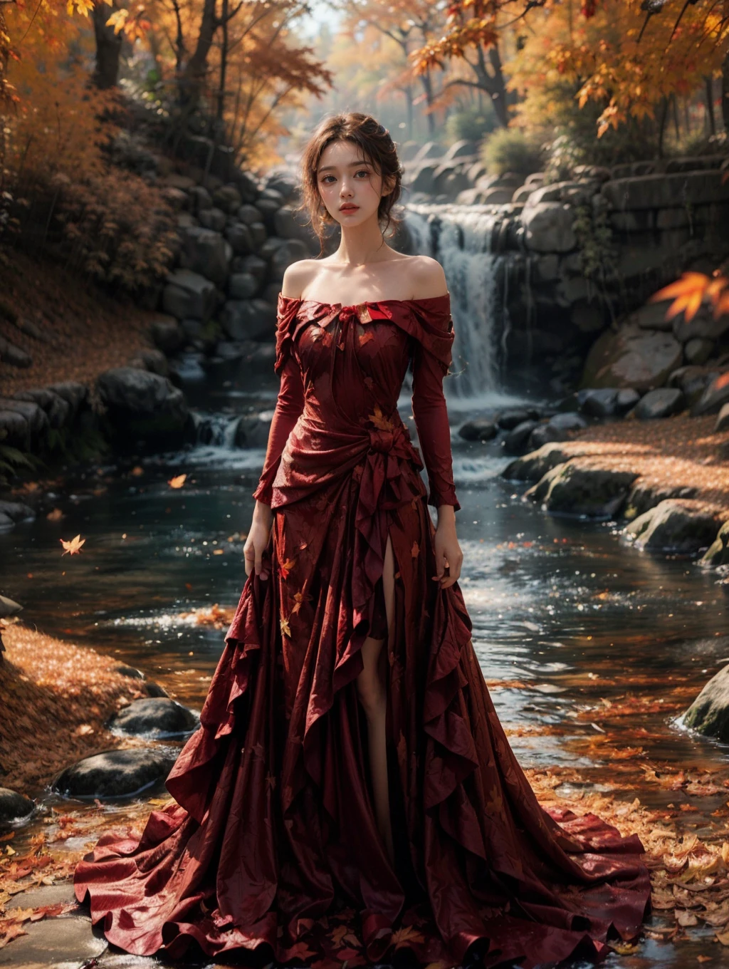 (fashion magazine cover:1.2),(full-size photograph:1.2),(a beautiful and delicate girl:1.1),gorgeous formal attire,fashion design,a tender and watery gaze,elegant,
((Dadaism)),(creek:1.1),<lora:maple leafå¶è½ç°å¢_v1.0:0.7>,maple leaf,warm and delicate sunshine,falling maple leaves,