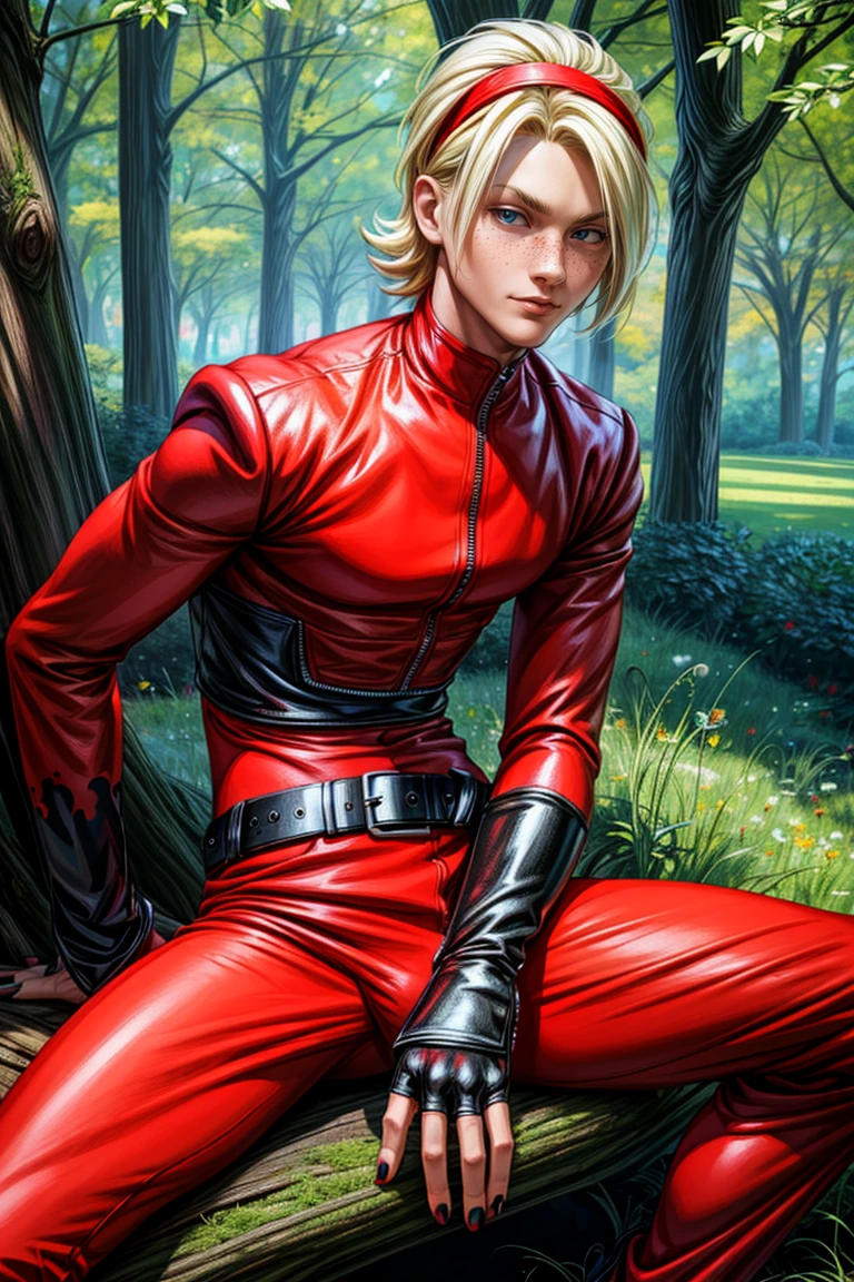 (masterpiece,  best quality:1.2),   ,  (depth of field:1.1), AshCrimson,  1guy,  blonde hair,  hair band,  red jacket,  freckles,  femboy,  red bodysuit,  red pants,  belt,  fingerless gloves,  nail polish,  full body,  sitting,  central park,  masterpiece,  highness,  perfect face,  perfect picture,  sharp focus,<lora:EMS-253809-EMS:0.900000>