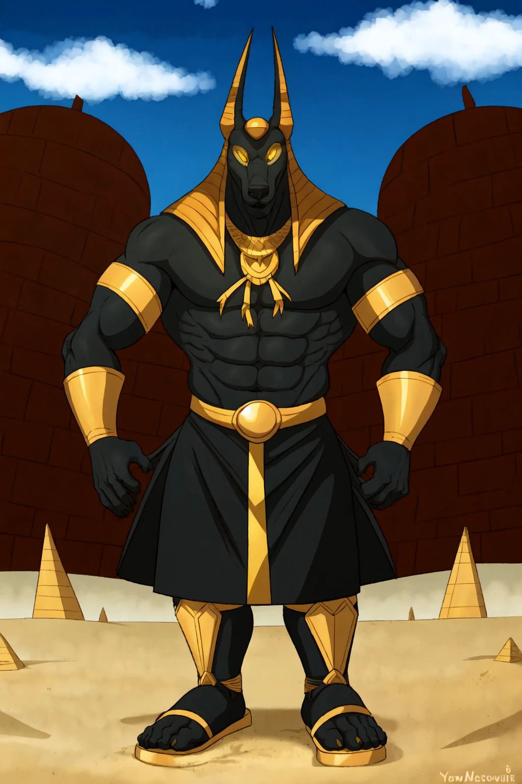 ((masterpiece)), uploaded on e621, best quality, 1boy, solo,  (anubis, golden eyes, tail, egypt, muscle, shoe sandals, hips cloth), standing, face focus, (detailed background, 4k, 2k, cinematic, movie, ultra hd), ([:by Sandra Chevrier, by Katsushika Hokusai, by Lawyerdog, by Alphonse Mucha:0.25]), day, sand,   <lora:DariusV1.3:0.7>