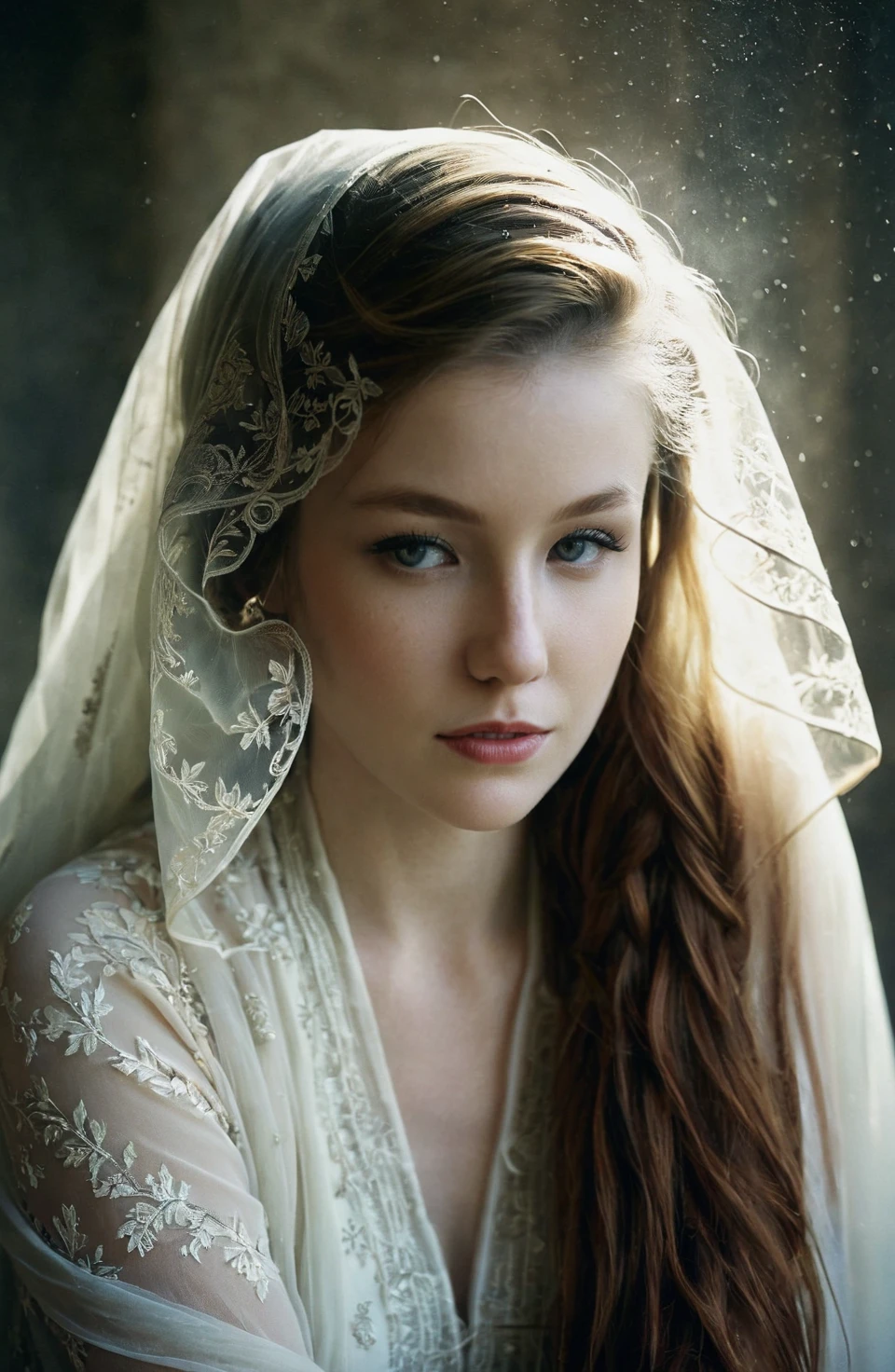 analog film photo  <lora:EmilyBloom_SDXL_v1.0:1>
((ohwx woman)), (white pale skin:1.2), 
Moody and atmospheric portrait photography of a mesmerizing subject, expertly captured by the acclaimed photographer, Brooke Shaden. The 3/4 body shot presents the subject in a state of contemplation, with a haunting expression and piercing eyes. They are adorned in an ethereal ensemble by a visionary fashion designer, featuring flowing fabrics and delicate details, perfectly suited for the low-key lighting. Their hairstyle is styled in an ethereal and whimsical manner, adding to the mystique. The photograph is set in an exotic and enchanting location, such as a misty Scottish castle or a mystical Moroccan desert, where the interplay of shadows and highlights creates a sense of drama and intrigue. This portrait, executed with extraordinary attention to detail and artistic finesse, showcases ultra-high detail, capturing the subject's striking features and the ethereal qualities of their attire (photography by Brooke Shaden:1.1). . faded film, desaturated, 35mm photo, grainy, vignette, vintage, Kodachrome, Lomography, stained, highly detailed, found footage