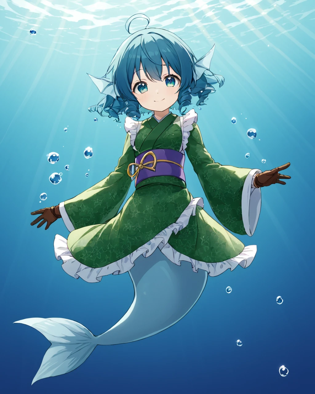 wakasagihime,mermaid, 1girl, underwater, green_kimono, long_sleeves, head_fins, air_bubble, frilled_kimono, obi, wide_sleeves, 1boy, drill_locks, brown_gloves, 1other, smile, closed_mouth, helmet, fish
<lora:wakasagihime_image2628_2023-12-20-000008:1>,star-shaped_pupils,symbol-shaped_pupils,. gorgeous,key visual, vibrant, studio anime,award-winning, professional, highly detailed,high budget, cinemascope