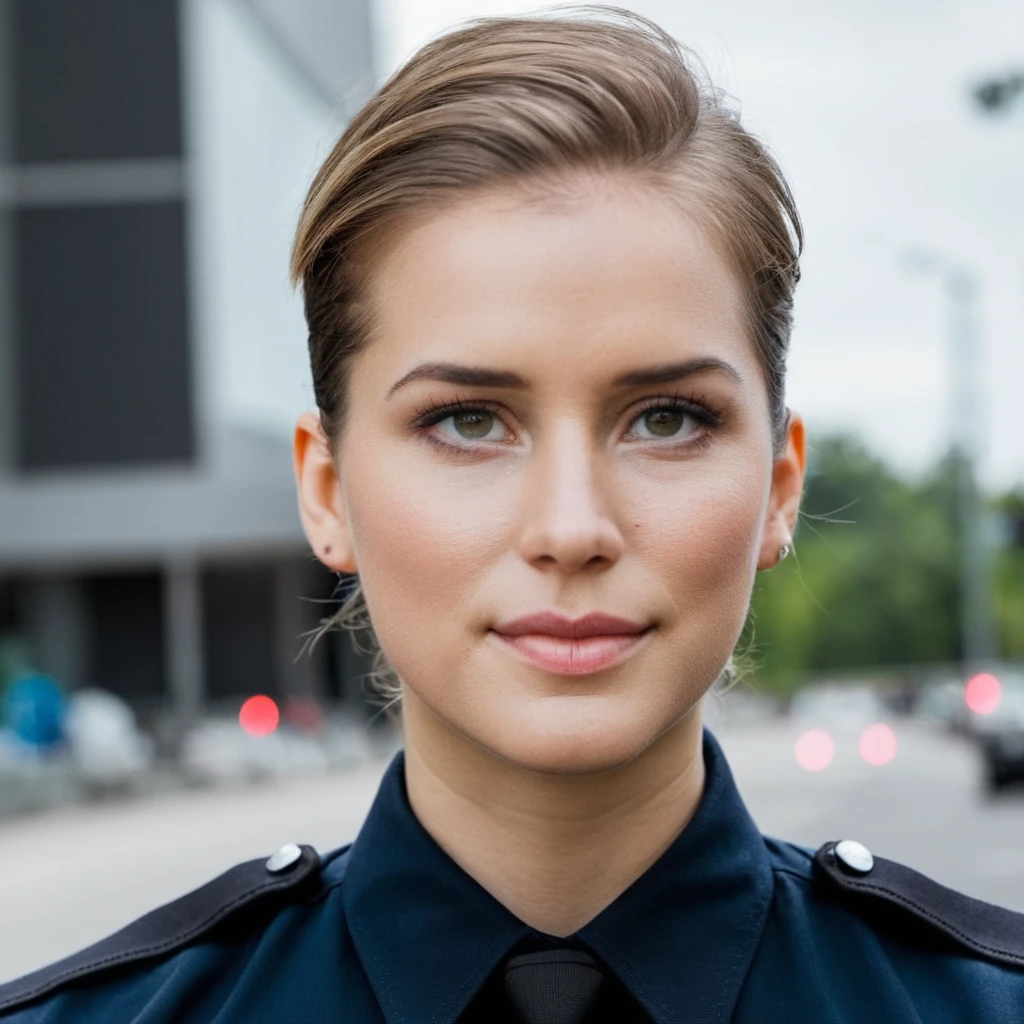 A female policewoman looking into the camera, closeup, slicked back hair, pretty, closeup portrait photo, high quality