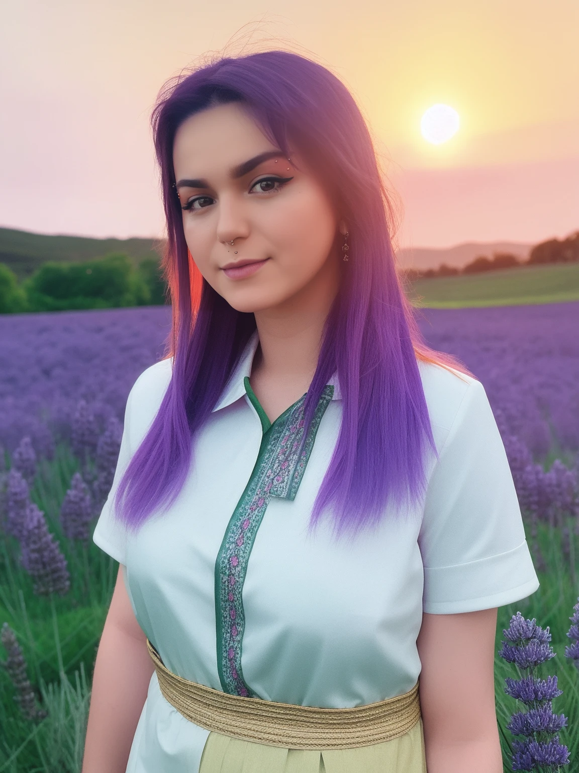 <lora:VikaKarter:1.0> portrait of vikakarter, traditional slavic shirt,( lavander field:1.1), sunset, best quality, highly detailed