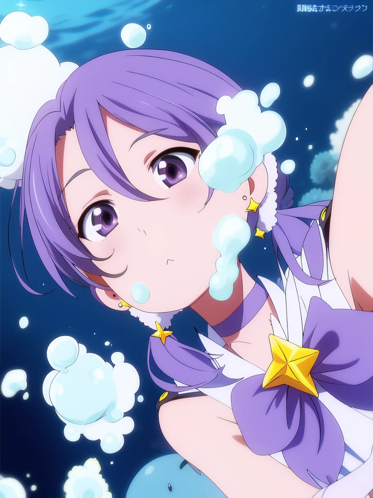 <lora:Nanako_Pleiades:1>, nanako, 1girl, purple eyes, purple hair, pointing, earrings, star (symbol), gloves, jewelry, star hair ornament, hair ornament, choker, twintails, bubble, star earrings, underwater, hair between eyes,
masterpiece, high quality, very_high_resolution, large_filesize, full color,