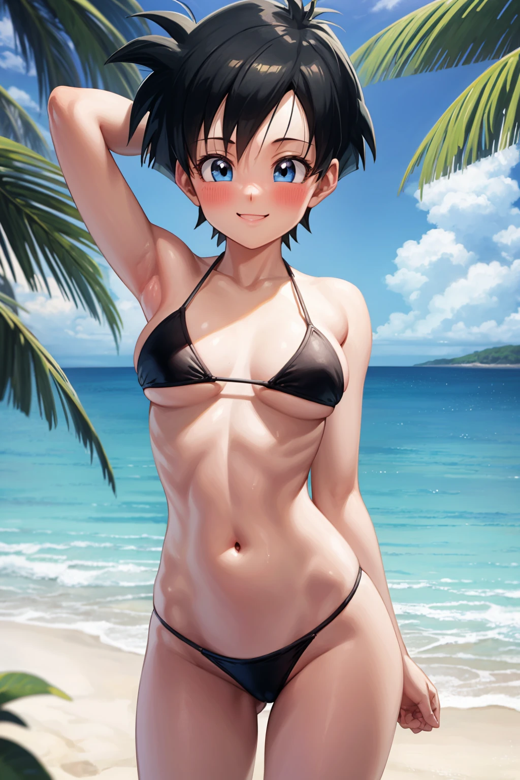 masterpiece, best quality, 1girl, videl, black hair, short hair, blue eyes, bikini, smile, blush, looking at viewer, solo, sea, sand, blue sky, tropical island background <lora:Videl:1>