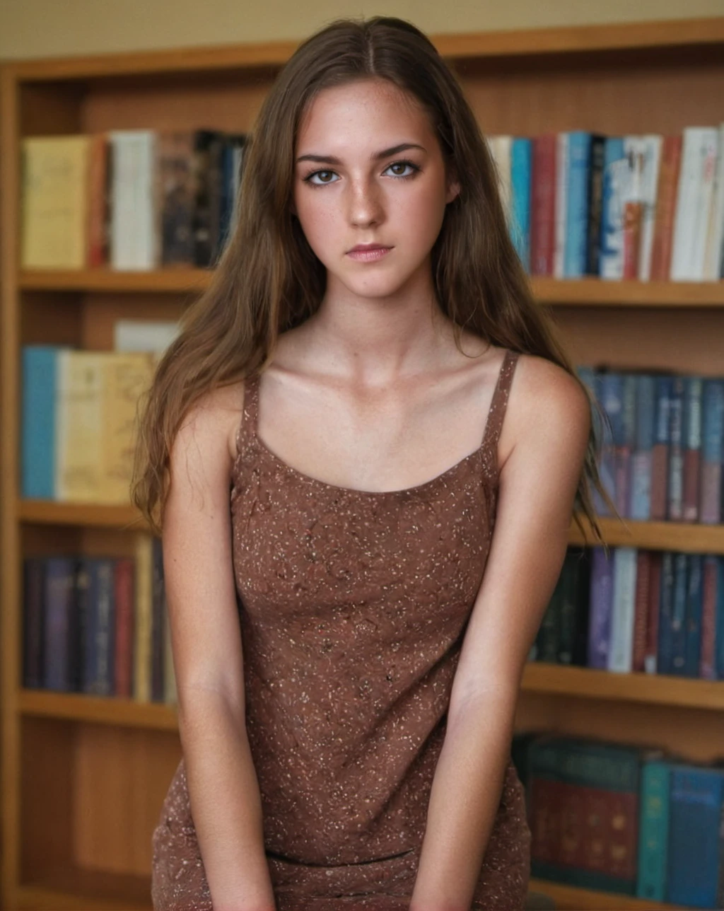 18year old brunette college girl, freckles, in library,  full body photo,  <lora:sdxl_em_128dim:1>, <lora:EnvyZoomSliderXL01:-.5>