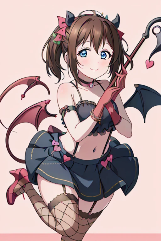 (masterpiece:1.4), high quality, high definition, sharp focus, detailed clothes, detailed body, detailed face, anime, best quality, 4k, 8k, absurd resolution, intricate detail, detailed hands, detailed eyes, animation, illustration, highly detailed, highres, extremely detailed, medium breasts, (blue eyes:1.4), <lora:shizuku_05_10ori20rainx10:0.6>, ousakashizuku, bangs, blush, shizukusolituderain, ribbon, hair ribbon, (brown hair:1.4), <lora:Osaka Shizuku SSU:0.5> oaska shizuku, <lora:hyperdenoiser_v090:0.6>, (looking at viewer:1.6), smiling,<lora:perfetfingers:1>, 1girl, ah1, <lora:pinup_resize:0.8>, <lora:hyperrefiner_v090:0.6>, <lora:add_detail:0.3>, armband, bare shoulders, bead bracelet, bead,
bow, bracelet, camisole, choker, demon horns, demon tail, demon wings, fake horns, fake tail, fake wings, fishnet thighhighs, fishnets, frilled skirt, frills, garter straps, gloves, hair bow,
holding, holding pitchfork, horns, jewelry, midriff, pink bow, pink camisole, pink gloves, pink skirt, pitchfork, polearm, polka dot, polka dot bow, skirt, spaghetti strap, suspender skirt, suspenders, tail, thighhighs, tiara, trident, weapon, wings, shoes, high heels, <lora:Nico_Yazawa_Little_Devil_Outfit:1>