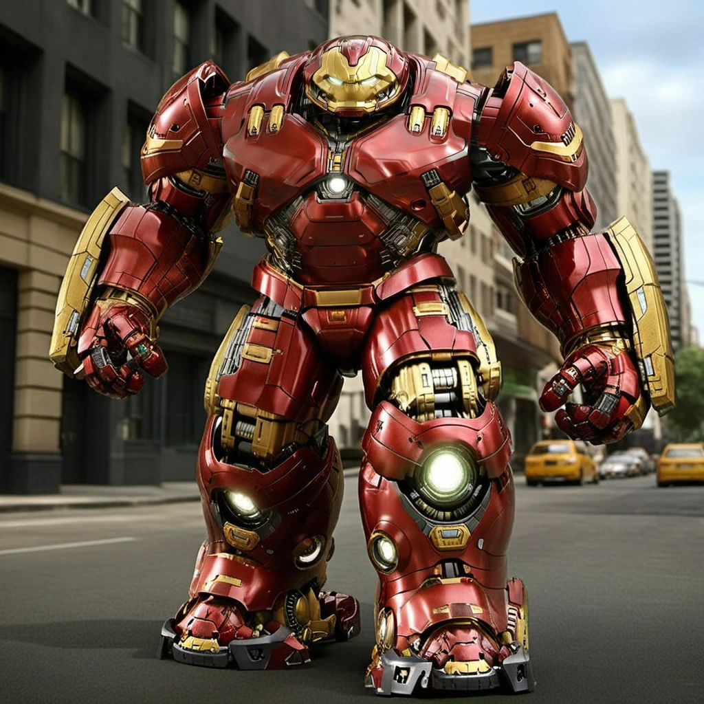 Hulkbuster1024, a robot, full body, in a street , highly detailed, photography, ultra sharp, film, professional, 64k <lora:add-detail-xl:1.5> <lora:Hulkbuster1024:0.8>
