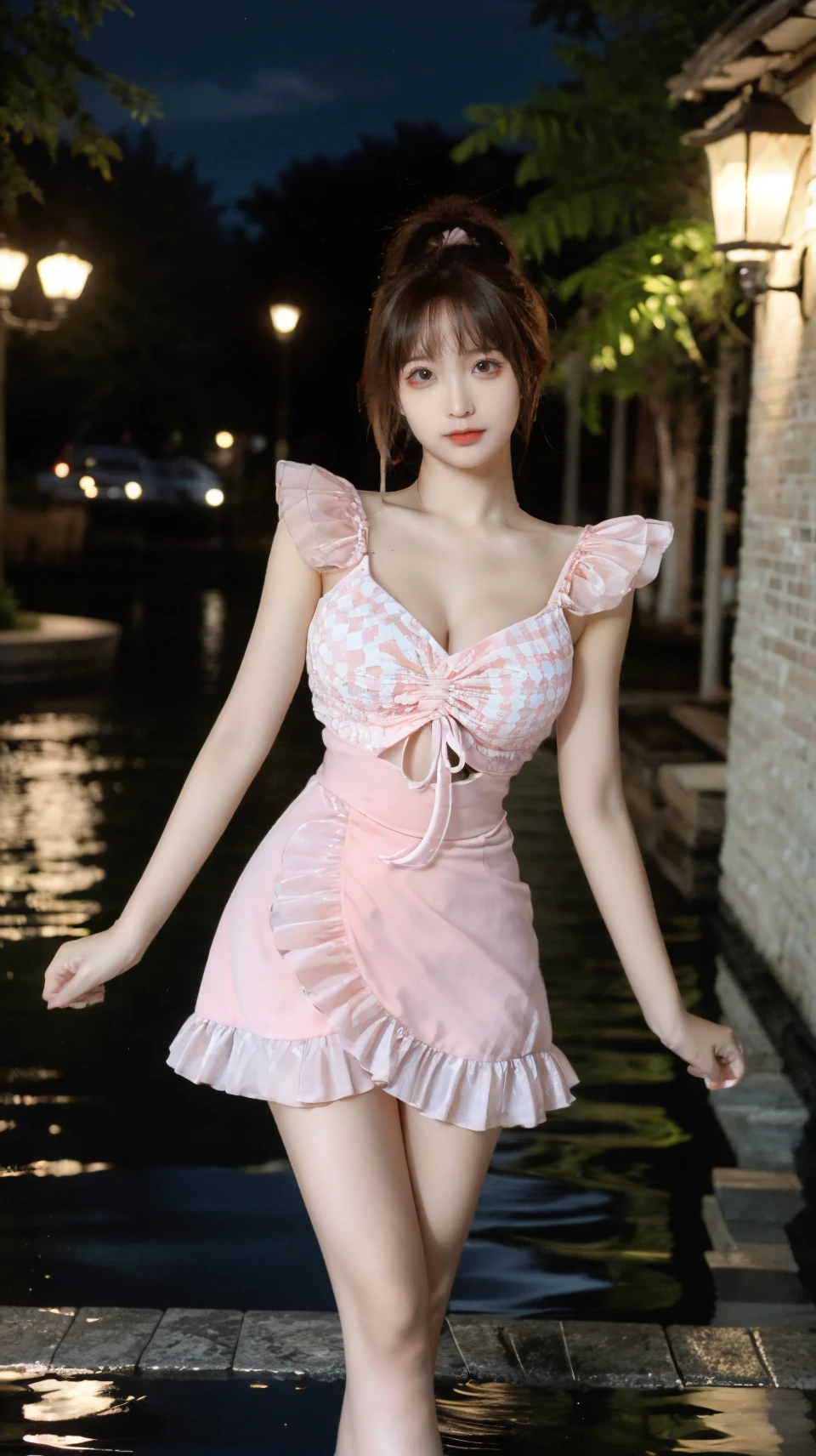 best quality,HDR,UHD,8K,Vivid Colors,solo,front mirror,photo_(medium),cute & girly,(1girl:1.3),standing,wet,outdoors,(evening:1.2),(looking at viewer:1.4),<lora:rc43:0.8>, rc,