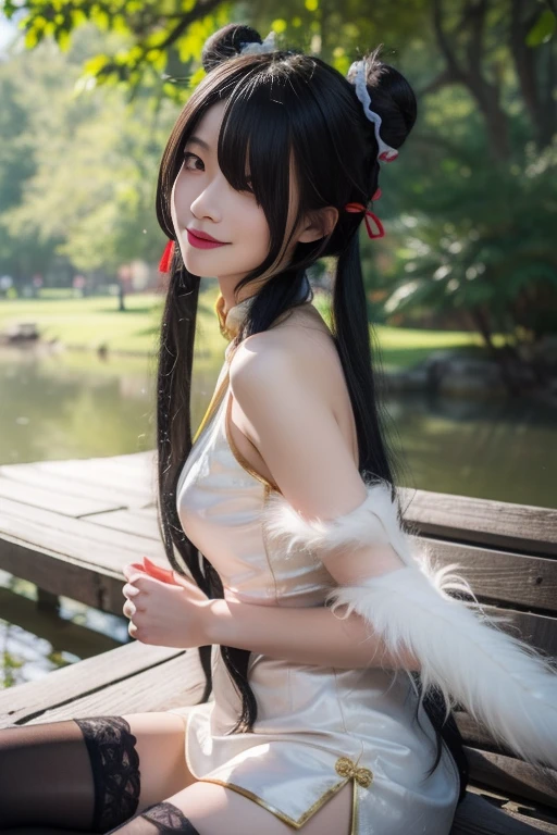 ltra-detailed,highly detailed,best quality,masterpiece,illustration,realistic,photorealistic,
tokisaki kurumi, 1girl, solo,smile,
chinese clothes, china dress, bare shoulders, thighhighs, feather shawl, side slit,
twintails, long hair, hair over one eye, hair bun, double bun, bun cover,
looking at viewer,
branch, outdoors, flower, river, bench, wind,floating hair, falling petals,
<lora:tokisaki kurumi_v5_04:0.7>