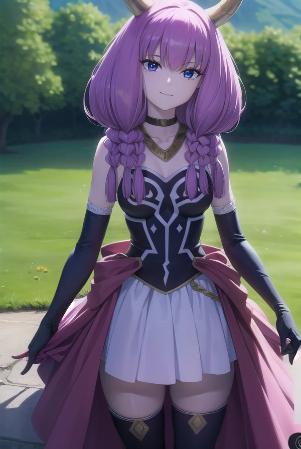 aura the guillotine, <lora:aura the guillotine v2-lora-nochekaiser:1>,
aura the guillotine, long hair, (purple eyes:1.1), purple hair, braid, horns, twin braids, smile,
BREAK skirt, thighhighs, gloves, choker, black gloves, elbow gloves, magical girl,
BREAK outdoors,
BREAK looking at viewer,
BREAK <lyco:GoodHands-beta2:1>, (masterpiece:1.2), best quality, high resolution, unity 8k wallpaper, (illustration:0.8), (beautiful detailed eyes:1.6), extremely detailed face, perfect lighting, extremely detailed CG, (perfect hands, perfect anatomy),