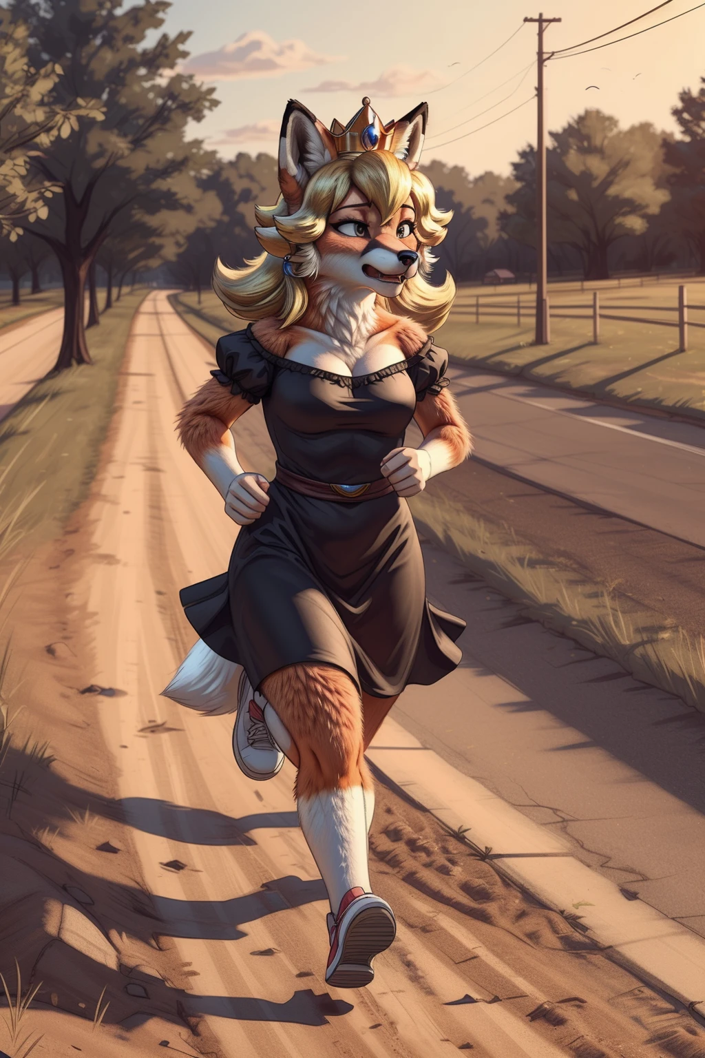 realistic illustration, visible fur, visible hair
BREAK
<lora:foxy peach:0.6>, foxy peach, portrait, running, black dress, (exhausted expression:1.5), crown, pinching skirt, fox feet
BREAK
dirt road, outdoors setting