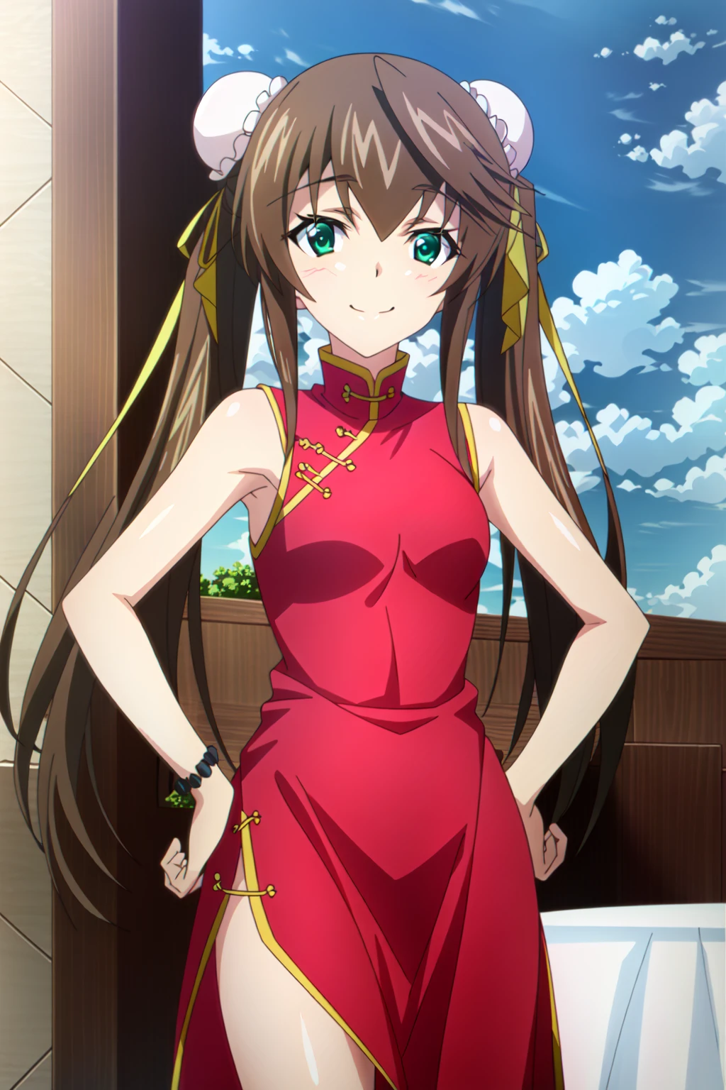 (extremely detailed CG unity 4k wallpaper),(masterpiece),(best quality),(ultra-detailed),(best illustration),(best shadow),(absurdres),(detailed background), <lora:OGT_RIn-v1:1> Huang Lingyin, Rin, 1girl, solo, brown hair, long hair, ribbon, hair ribbon, green eyes, twintails, upper body, china dress, chinese clothes, hand on hip, yellow ribbon, dress, smile, looking at viewer, bracelet, jewelry, double bun, hair bun, sleeveless