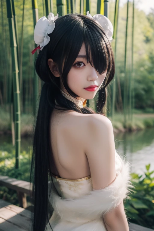 ltra-detailed,highly detailed,best quality,masterpiece,illustration,realistic,photorealistic,
tokisaki kurumi, 1girl, solo,
bare shoulders, chinese clothes, china dress, fur trim shawl,
hair over one eye, long hair, double bun, hair bun, bun cover,
looking at viewer, upper body,
outdoors,photo background,flower, bamboo forest, river,grass,path,
<lora:tokisaki kurumi_v5_04:0.7>