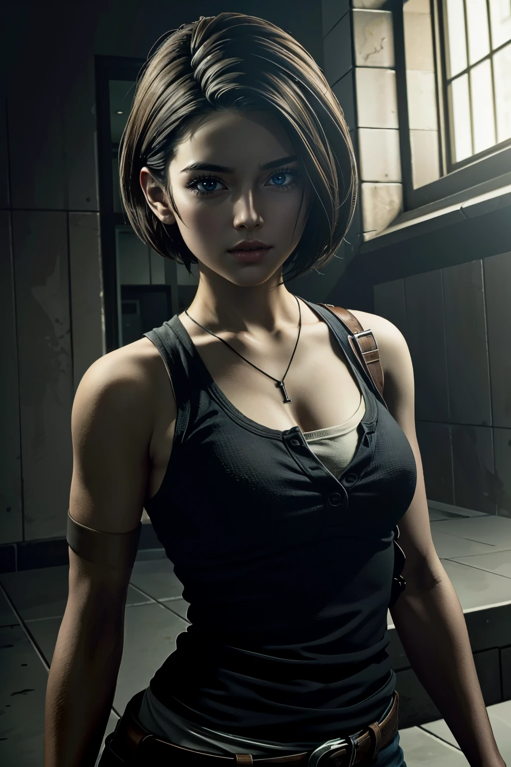 ((ultra detailed, masterpiece, absurdres))
RE3Jill, 1girl, solo, brown hair, blue eyes, short hair, cowboy shot