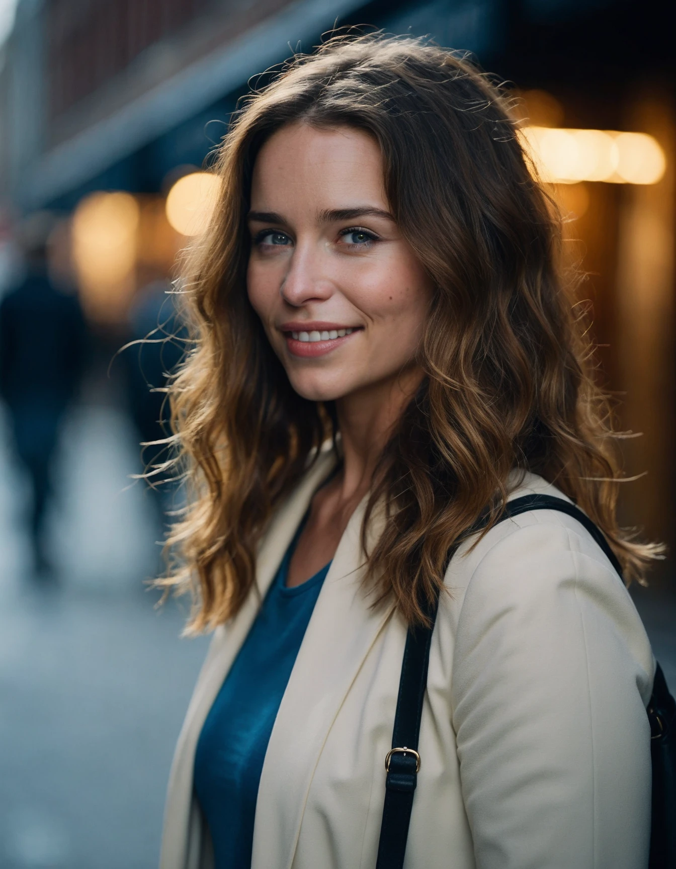 cinematic photo Mid-shot portrait of a beautiful (((ohwx woman))) in her 30s , with long hair, candid street portrait in the style of Martin Schoeller award winning, Sony a7R <lora:emilia_dh128_lora_v2:1> . 35mm photograph, film, bokeh, professional, 4k, highly detailed