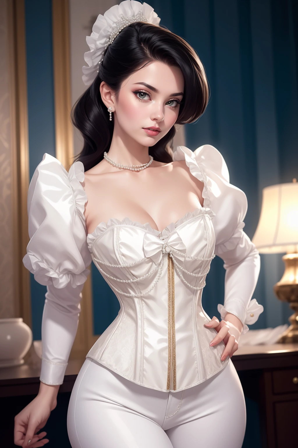 beautiful adult woman, solo, high quality, standing, best quality, high detail, c0rs3t, wearing (white satin corset), jeans, (pearls),puffy sleeves, <lora:PearlPrincessCorset:1> ,