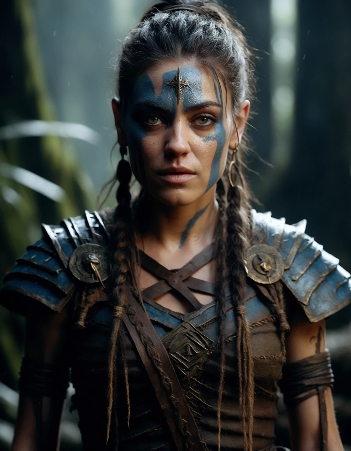 cinematic photo Close-up of ((ohwx woman)) in Hellblade: Senua's Sacrifice, emerging from black mud, long hair with dreads, war blue paint, paint fading, angry expression, dirty face, finely detailed eyes, moody, viking clothes, epic scene, epic composition, Photography, Cinematic Lighting, Volumetric Lighting, ethereal light, intricate details, extremely detailed volumetric rays <lora:kunis_dh128_lora_v2b-9k:1.05> . 35mm photograph, film, bokeh, professional, 4k, highly detailed