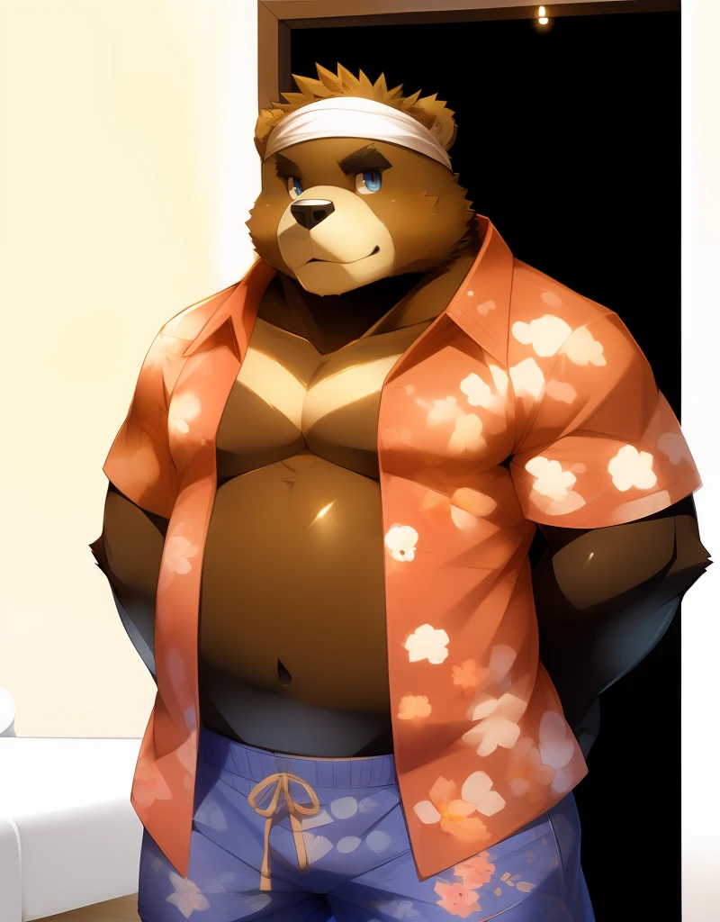 (((detailed eyes, detailed face))), (bara, kenji <lora:character_kenji_findigo_v3:1>, bear, short hair, spiked hair, black eyes), male, (solo), (plump, fat, chubby, overweight), (pink hawaiian shirt, blue swim trunks, headband), standing, (arms behind back), smile BREAK (konzaburou, ukan_muri, cute), bedroom, (soft shading, low contrast, high brightness <lora:add_brightness:1>), 8k, UHD, masterpiece, (full body)