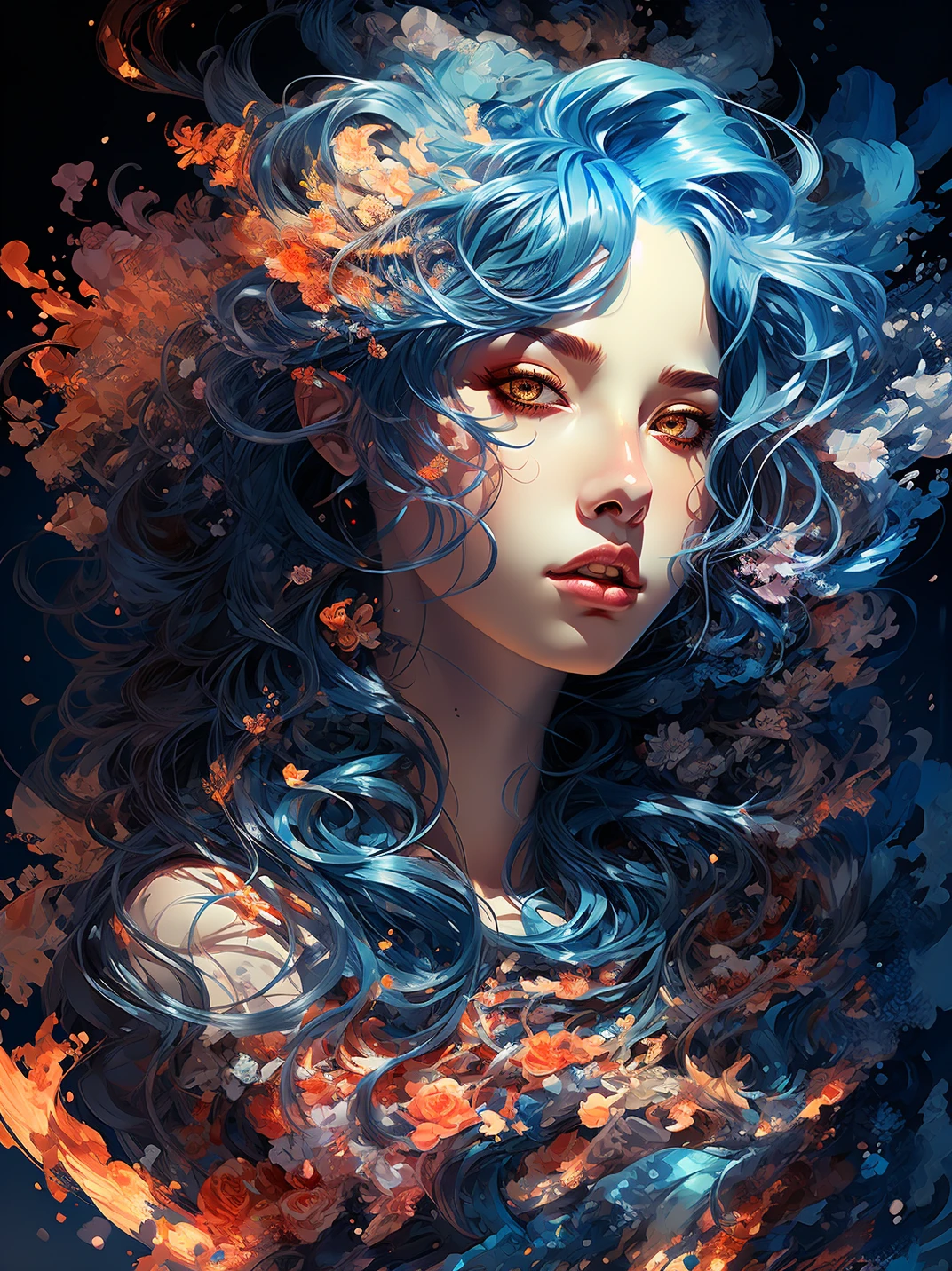 1girl,solo,blue hair,long hair,parted lips,looking at viewer,lips,brown eyes,artist name,portrait,upper body,nose,floating hair,yellow eyes,<lora:Justin_ççèå°å¥³_V60:0.7>,