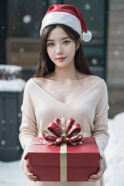 1girl, solo, wearing santa claus outfit, christmas theme, snow christmas background in the morning , mature body, upper body, holding red box of present, realistic,, (mature body), (upper body:1.5), nikon RAW photo,8 k, Fujifilm XT3,masterpiece, best quality, realistic, photorealistic, ultra detailed, extremely detailed face, solo,1girl, standing, fashionable and trendy atmosphere, and a stylish expression on her face, close up, (narrow waist),