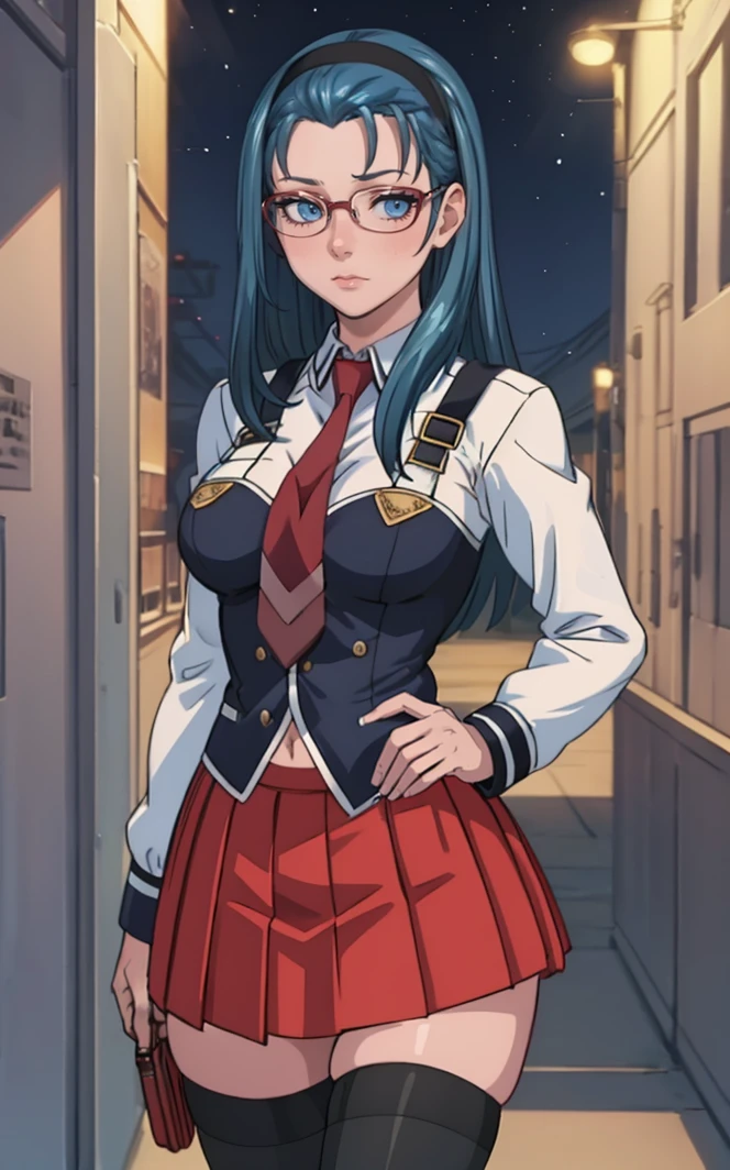 SchoolUniform_JunkoMochida_ownwaifu, night,
1girl, blue hair, long hair, glasses, hairband, large breasts, blue eyes,
school uniform, red necktie, vest, red skirt, pleated skirt, zettai ryouiki, thighhighs, legs,
<lora:FAP_BibleBlack_JunkoMochida_ownwaifu:0.9> ,
((masterpiece)),((best quality)),(highres), bokeh, depth_of_field, spotlight, scenery, looking at viewer, solo, contrapposto, cowboy shot,