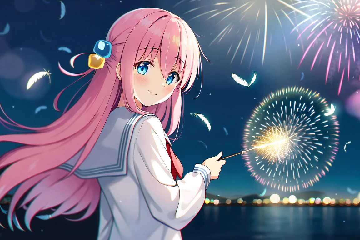 highres, high quality, 1girl, gotoh hitori, upper body, smile, looking at viewer, looking back, dress, long sleeves, serafuku, white sailor collar, night, fireworks, sparkler, bug, butterfly, blue butterfly, feathers, depth of field, chromatic aberration, lens flare