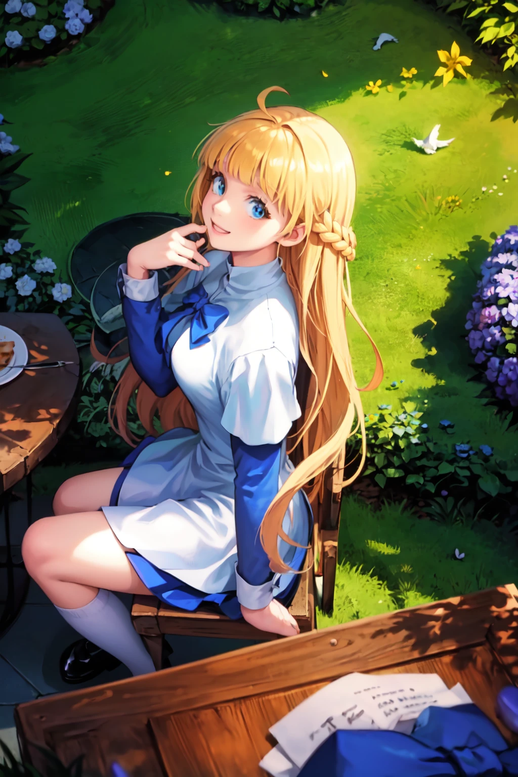 masterpiece, best quality, solo, (fantasy setting, medieval times:1.5), (beautiful garden, plants, trees, garden table, sitting in garden chair:1.3), eating cake, <lora:TalesWeaver_TichielJuspian_v1-000168:0.9>, smiling, (cute birds:1.5), blonde hair, blunt bangs, ahoge, twin braids, (very long hair:1.5), (white dress over blue dress, blue hem:1.1), apron, white cuffs, long sleeves, short over long sleeves, kneehighs, white socks, (black footwear:1.2), mary janes, birds, blue eyes, blue bow, (from side:1.3), (from above, pov:1.1), (closeup:1.5)