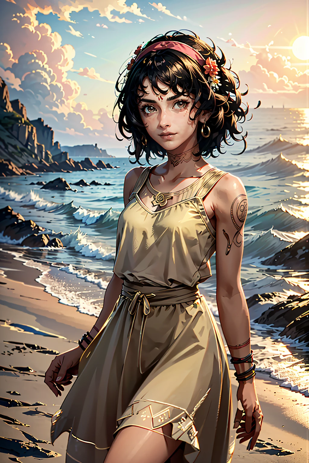 ((ultra detailed, masterpiece, absurdres))
<lora:PSophia:0.9>
PSophia, 1girl, solo, black hair, brown eyes, tattoo, dark skin, On a beach during a vibrant sunset, sundress, playing with the waves