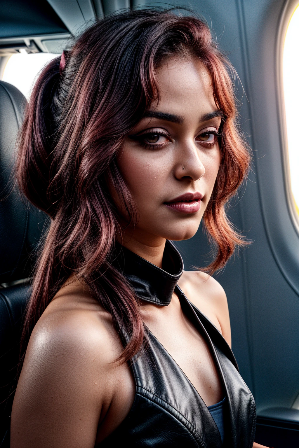 photo of (EPSun4y4n4F0zd4r:0.99), closeup portrait, perfect hair, (modern photo, a travel attendant:1.2, Contemporary and stylish look with a jumpsuit and statement belt), (ponytail:1.3), 24mm, (analog, cinematic, film grain:1.3), ((in an airplane, airplane_interior, gradient:1.1)), ((detailed eyes)), ((eyeliner, long lashes)), (epicPhoto), long eyelashes, (perfect waist), (painted lips), (dark eyeliner:1.4), (blush:1.4), (smokey eyes:1.2)