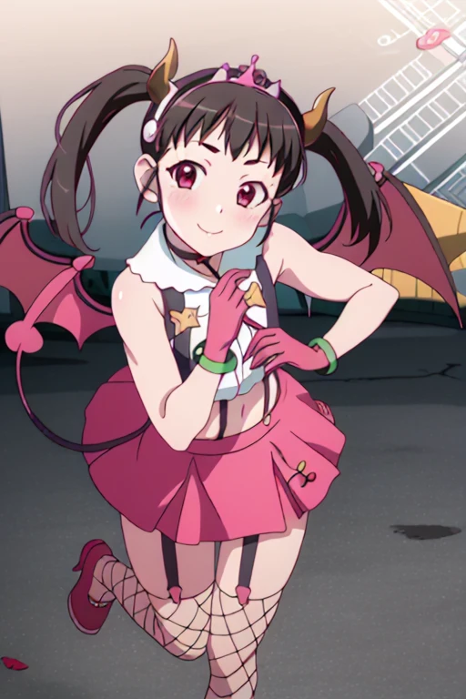 (masterpiece:1.4), high quality, high definition, sharp focus, detailed clothes, detailed body, detailed face, anime, best quality, 4k, 8k, absurd resolution, intricate detail, detailed hands, detailed eyes, animation, illustration, highly detailed, highres, extremely detailed, blush, <lora:hyperdenoiser_v090:0.6>, (looking at viewer:1.6), smiling, <lora:perfetfingers:1>, 1girl, ah1, <lora:hyperrefiner_v090:0.6>, <lora:add_detail:0.3>, armband, bare shoulders, bead bracelet, bead,
bow, bracelet, camisole, choker, demon horns, demon tail, demon wings, fake horns, fake tail, fake wings, fishnet thighhighs, fishnets, frilled skirt, frills, garter straps, gloves, hair bow,
holding, holding pitchfork, horns, jewelry, midriff, pink bow, pink camisole, pink gloves, pink skirt, pitchfork, polearm, polka dot, polka dot bow, skirt, spaghetti strap, suspender skirt, suspenders, tail, thighhighs, tiara, trident, weapon, wings, shoes, high heels, <lora:Nico_Yazawa_Little_Devil_Outfit:1>, <lora:monogatari_hachikuji mayoi:0.8> hachikuji mayoi,