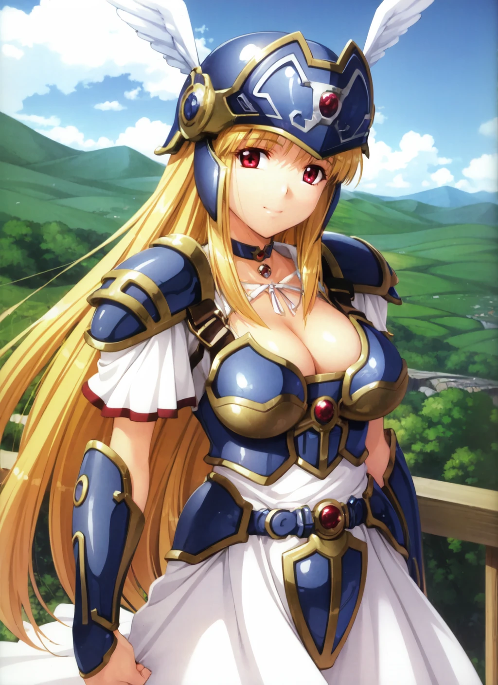 ikuwrei, 1girl, solo, winged helmet, armored dress, shoulder pads, choker, armor, cleavage,sky, cloud, smile, closed mouth <lora:ikuwrei_V1-10:0.75>