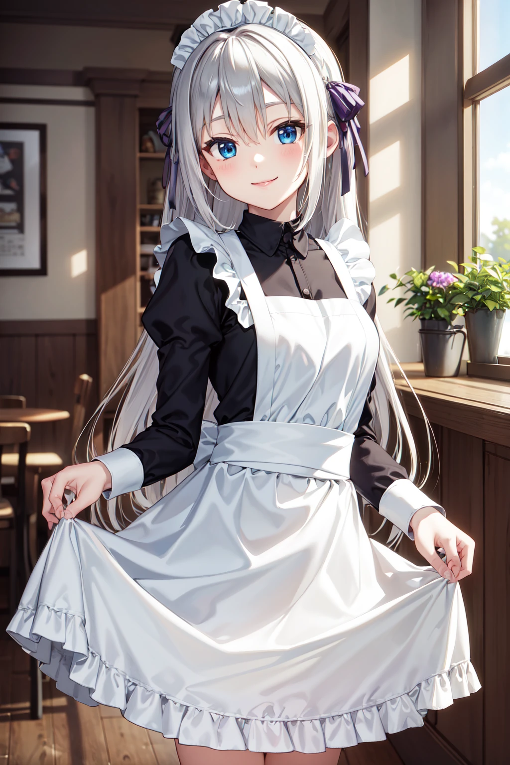 masterpiece,best quality,highres,ultra-detailed,aaeucliwood,long hair,hair ribbon,<lora:eucliwood_hellscythe:0.7>,indoors,cafe,maid,maid headdress,apron,(skirt hold:1.2),standing,cowboy shot,smile,